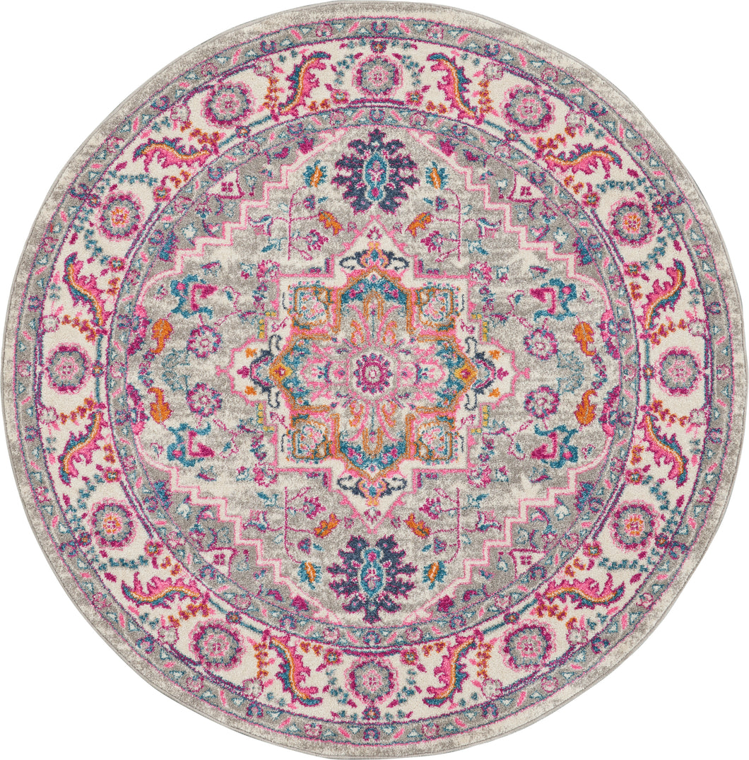 Nourison Passion PSN20 Grey and Pink 4' Round Persian Area Rug PSN20 Light Grey/Pink