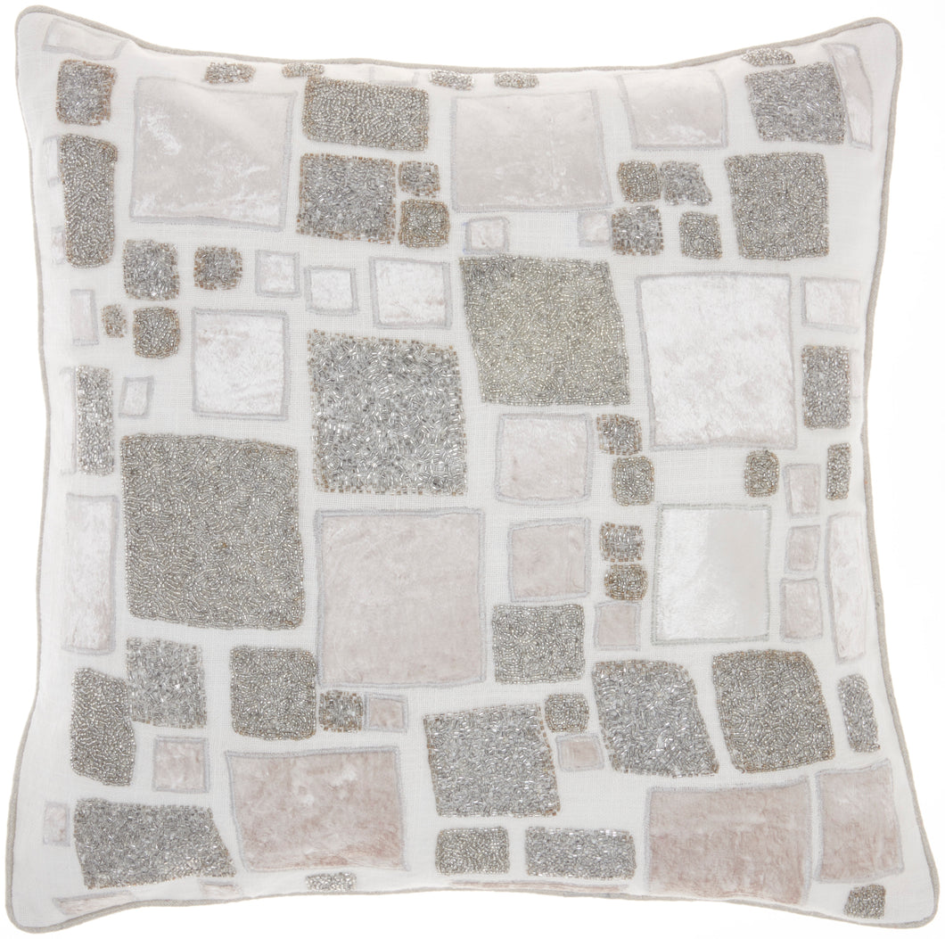 Mina Victory Sofia Beaded Patchwork Ivory Silver Throw Pillow PN628 20