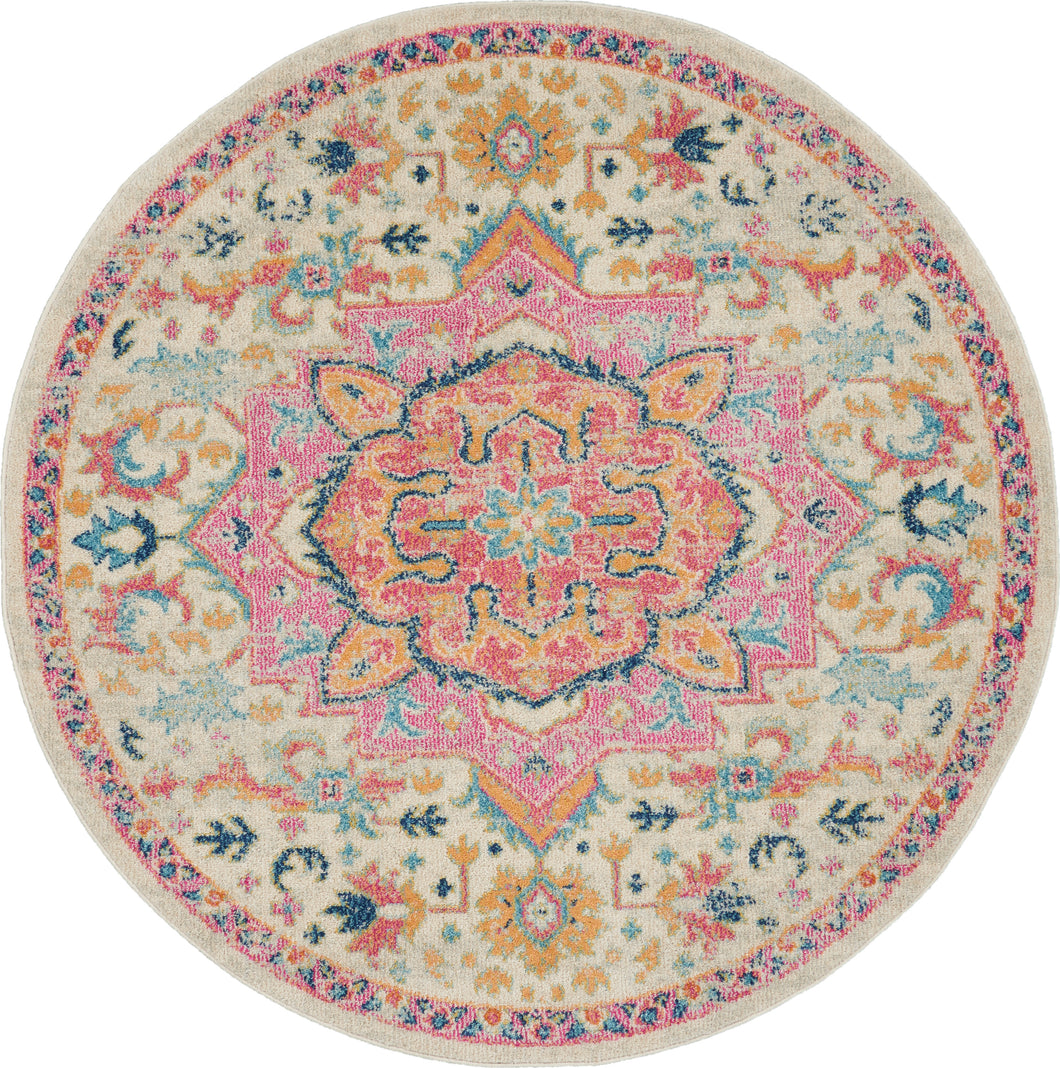 Nourison Passion 4' Round Ivory, Pink Bohemian Area Rug PSN25 Ivory/Pink