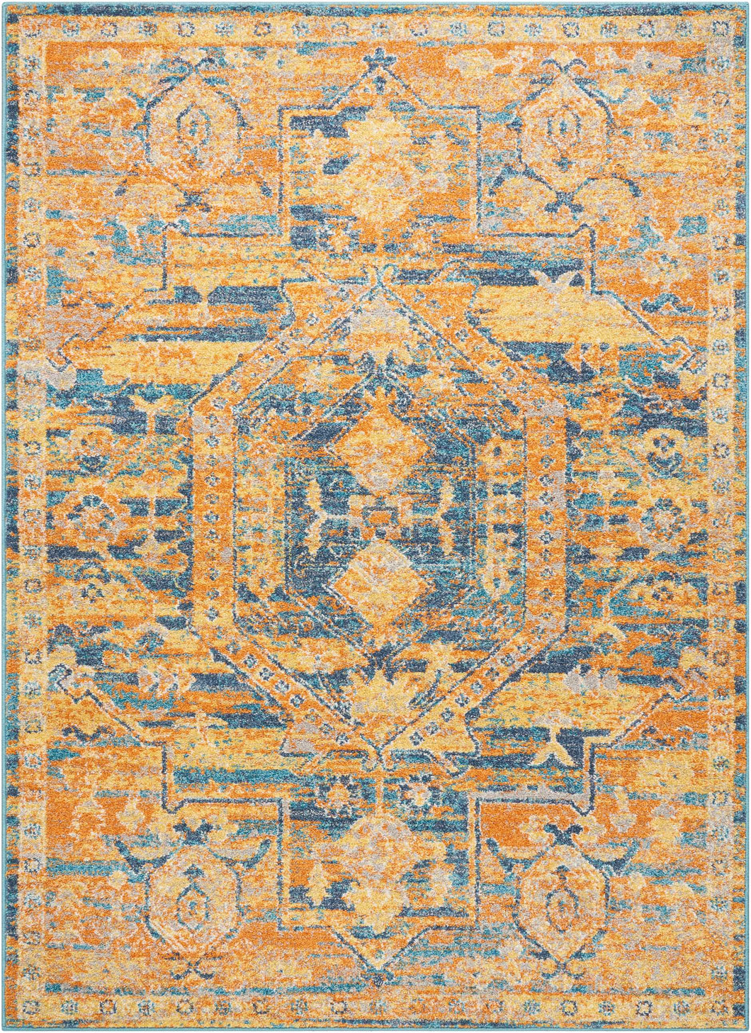 Nourison Passion PSN07 Orange and Blue 5'x7' Turkish Area Rug PSN07 Teal/Sun
