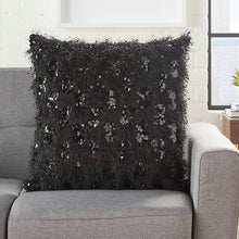 Load image into Gallery viewer, Mina Victory Shag Shaggy Sequins Black Throw Pillow VV202 20&quot; x 20&quot;
