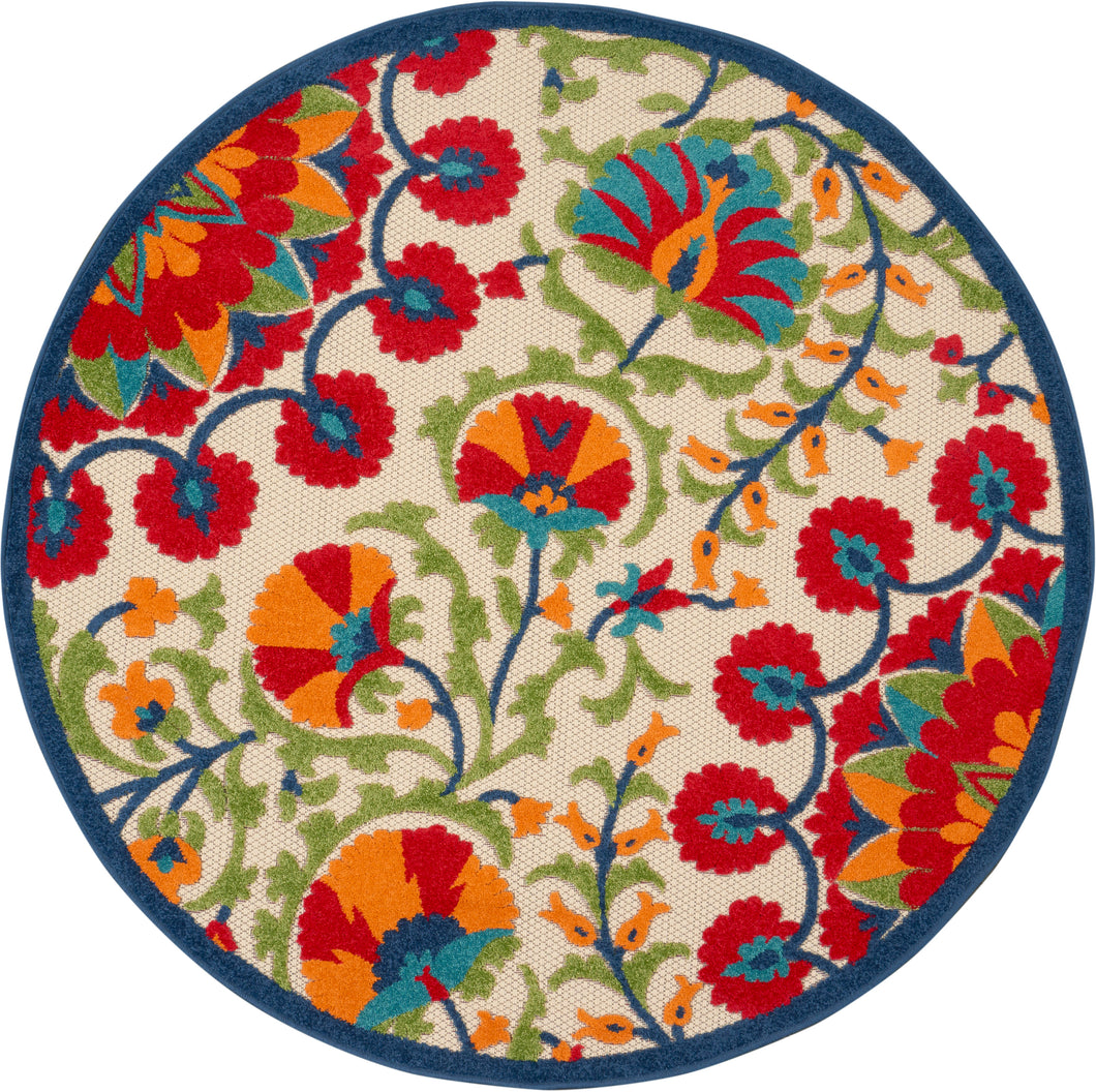 Nourison Aloha ALH20 4' Round Red Multicolor Easy-care Indoor-outdoor Rug ALH20 Red/Multicolor