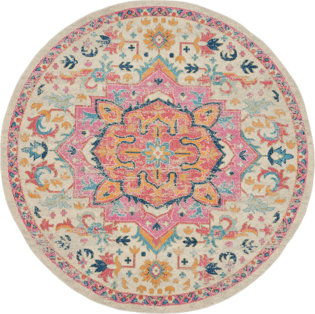 Nourison Passion 8' Round Ivory, Pink Bohemian Area Rug PSN25 Ivory/Pink