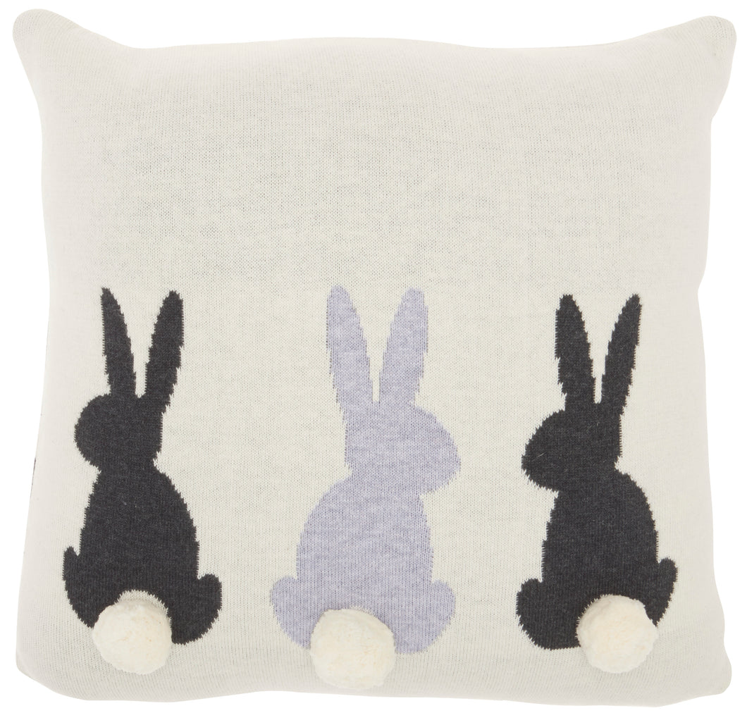 Mina Victory Plushlines 3 Bunnies with Pom Ivory Throw Pillow UK903 1'2