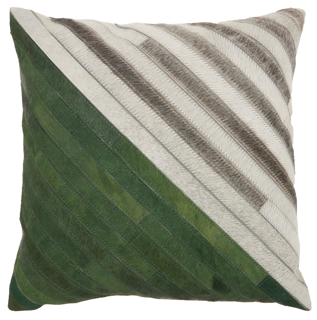 Mina Victory Natural Leather Hide Diagonal Colorblock Green/Grey Throw Pillow S2203 20