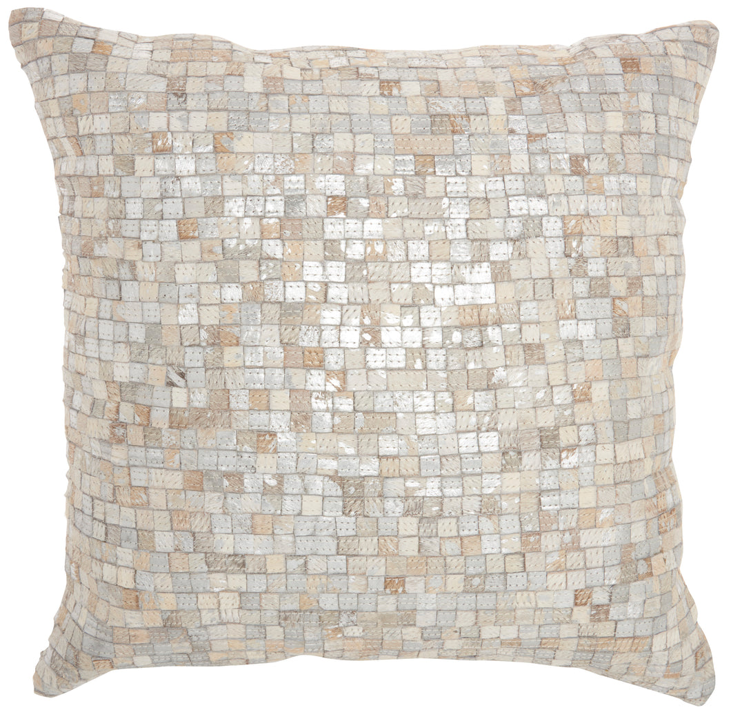 Mina Victory Natural Leather Hide Metallic Squares Piecework White/Silver Throw Pillow S2186 20