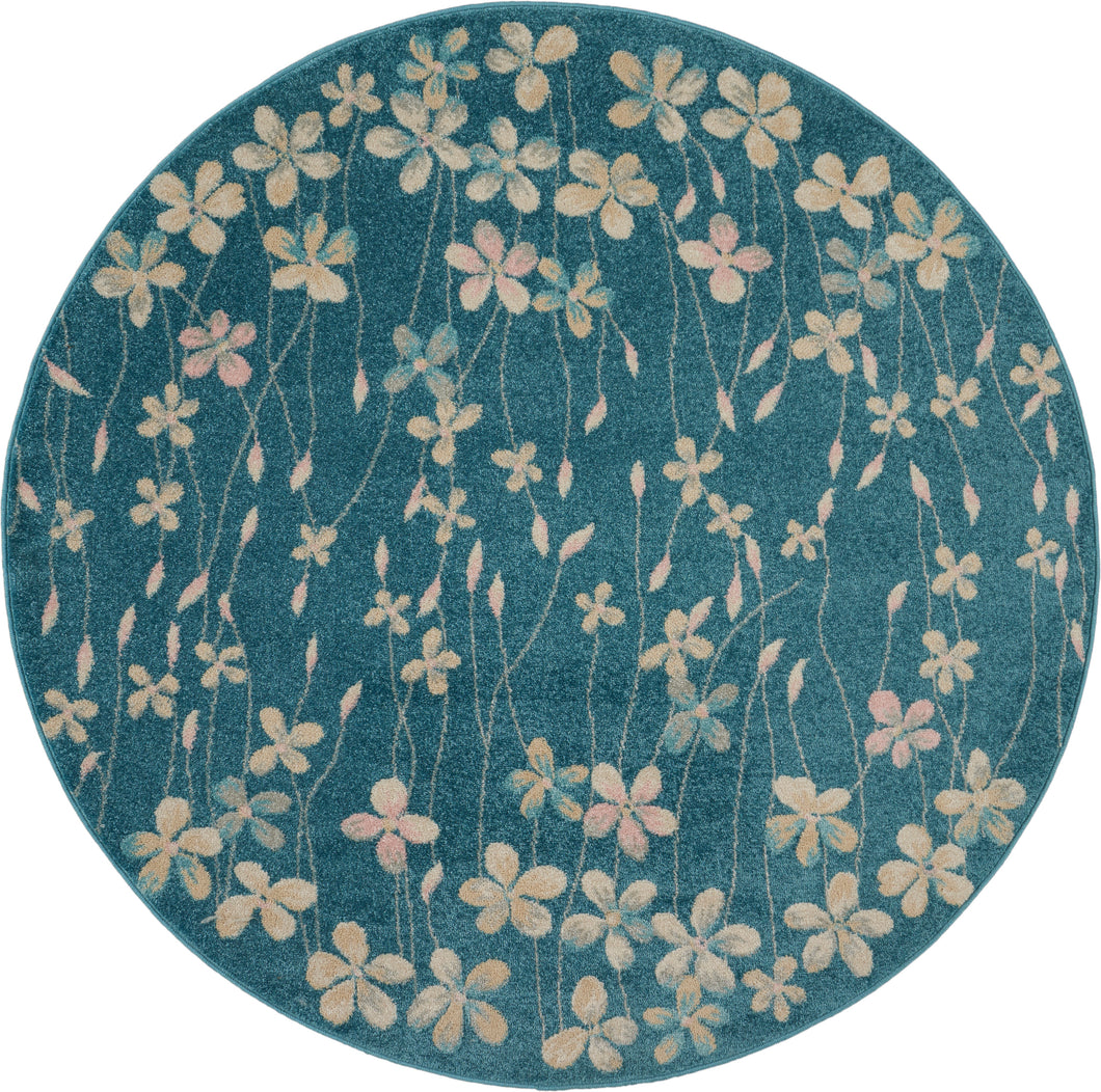 Nourison Tranquil TRA04 Turquoise Blue 5' Round Floral Area Rug TRA04 Turquoise
