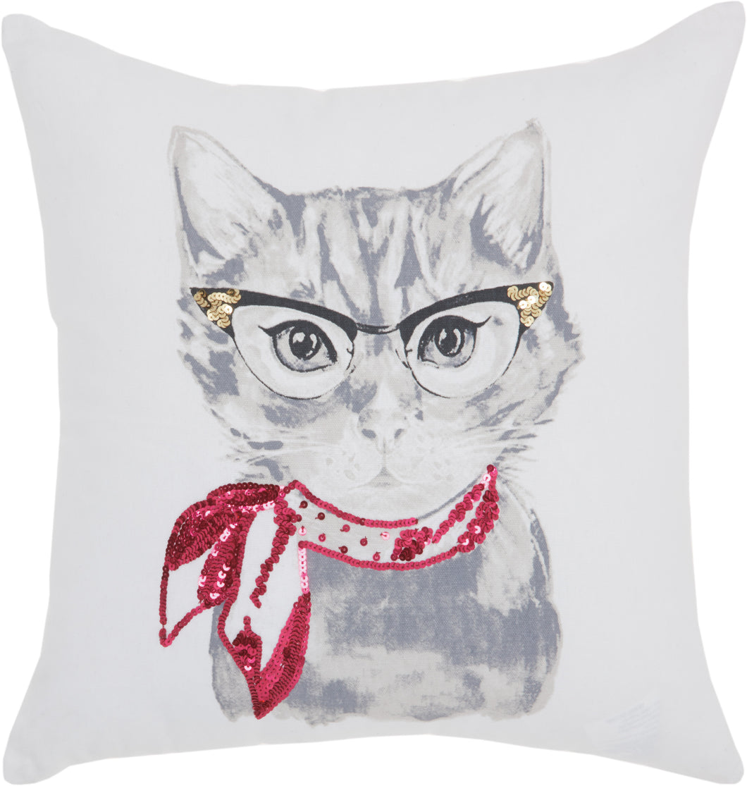 Mina Victory Trendy, Hip, New-Age Classic Kitty White Throw Pillow JB269 18