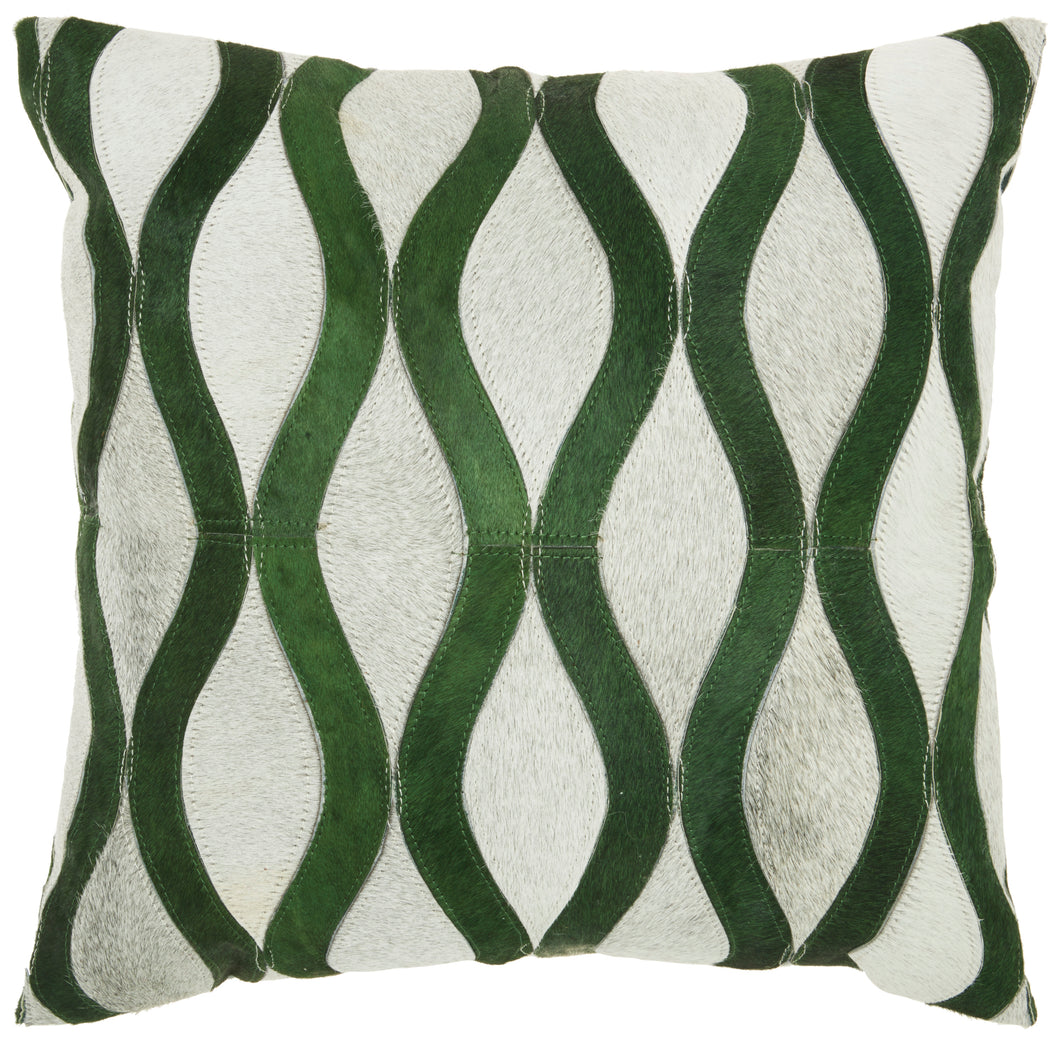 Mina Victory Natural Leather Hide Wavy Lines Green/Grey Throw Pillow S2212 20