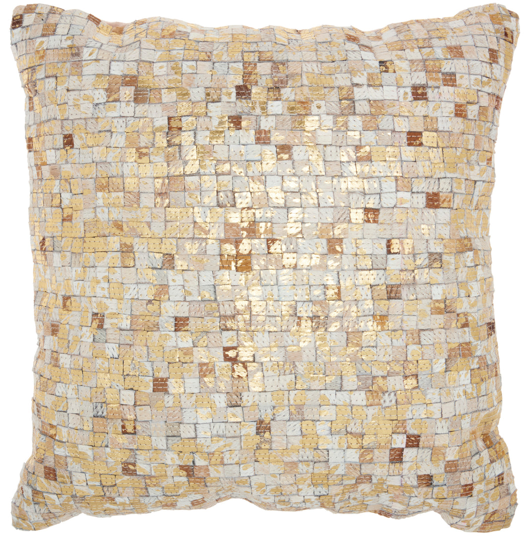 Mina Victory Natural Leather Hide Metallic Squares Piecework White/Gold Throw Pillow S2186 20