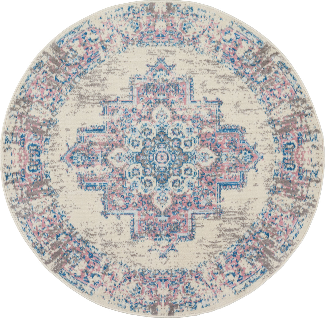 Nourison Grafix GRF14 White and Pink 5' Round Persian Area Rug GRF14 Ivory/Pink