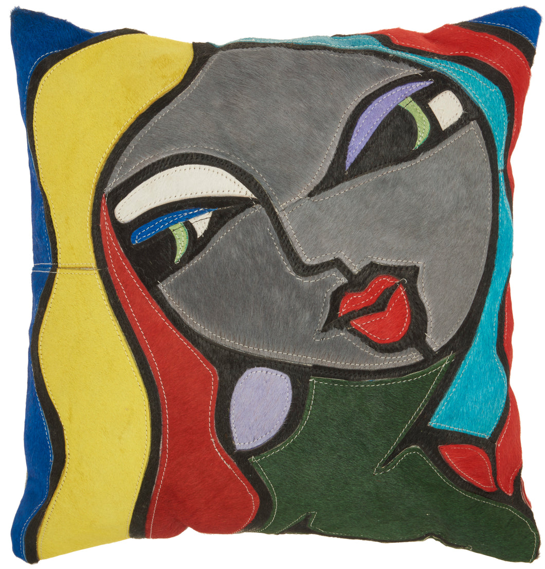 Mina Victory Natural Leather Hide Art Deco Portrait Multicolor Throw Pillow S2204 20