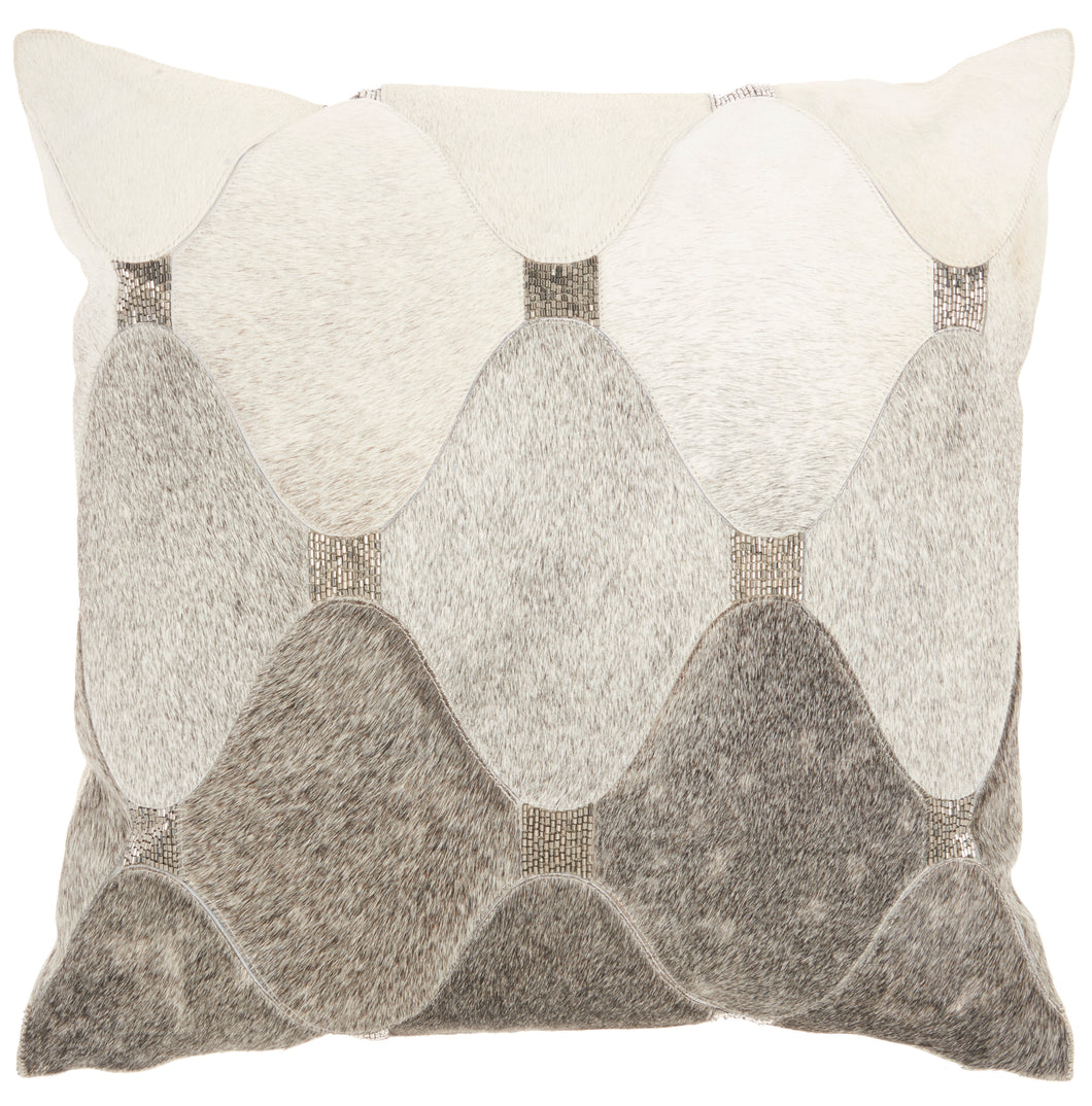 Mina Victory Natural Leather Hide Ombre Bead Waves Grey Silver Throw Pillow PN754 18