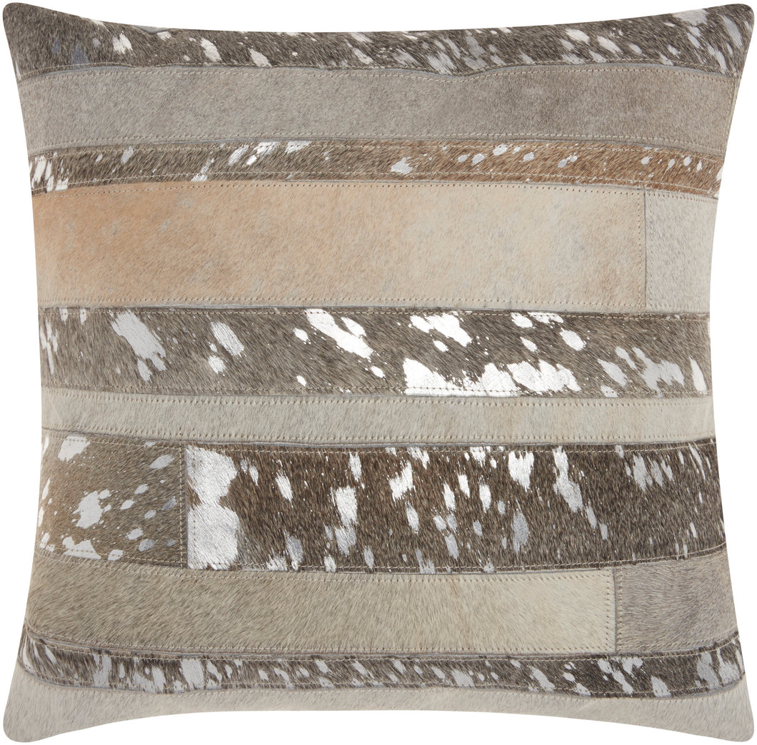 Mina Victory Natural Leather Hide Mix Stripes Silver Grey Throw Pillow S1160 20