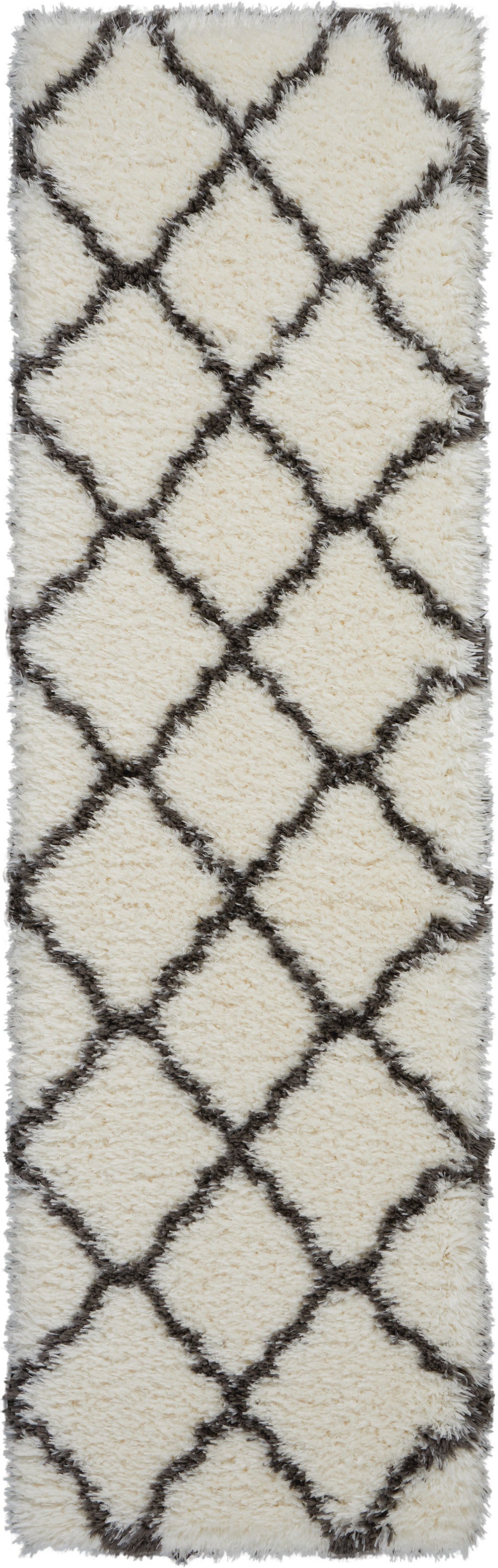 Nourison Luxe Shag LXS02 White 8' Runner Hallway Rug LXS02 Ivory/Charcoal