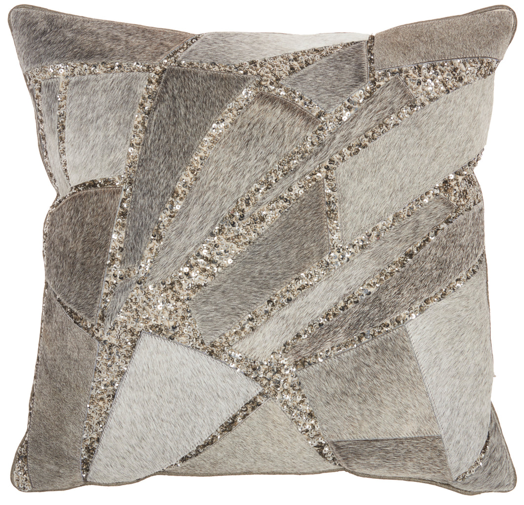 Mina Victory Natural Leather Hide Sequin Hide Patches Grey Silver Throw Pillow PN927 18